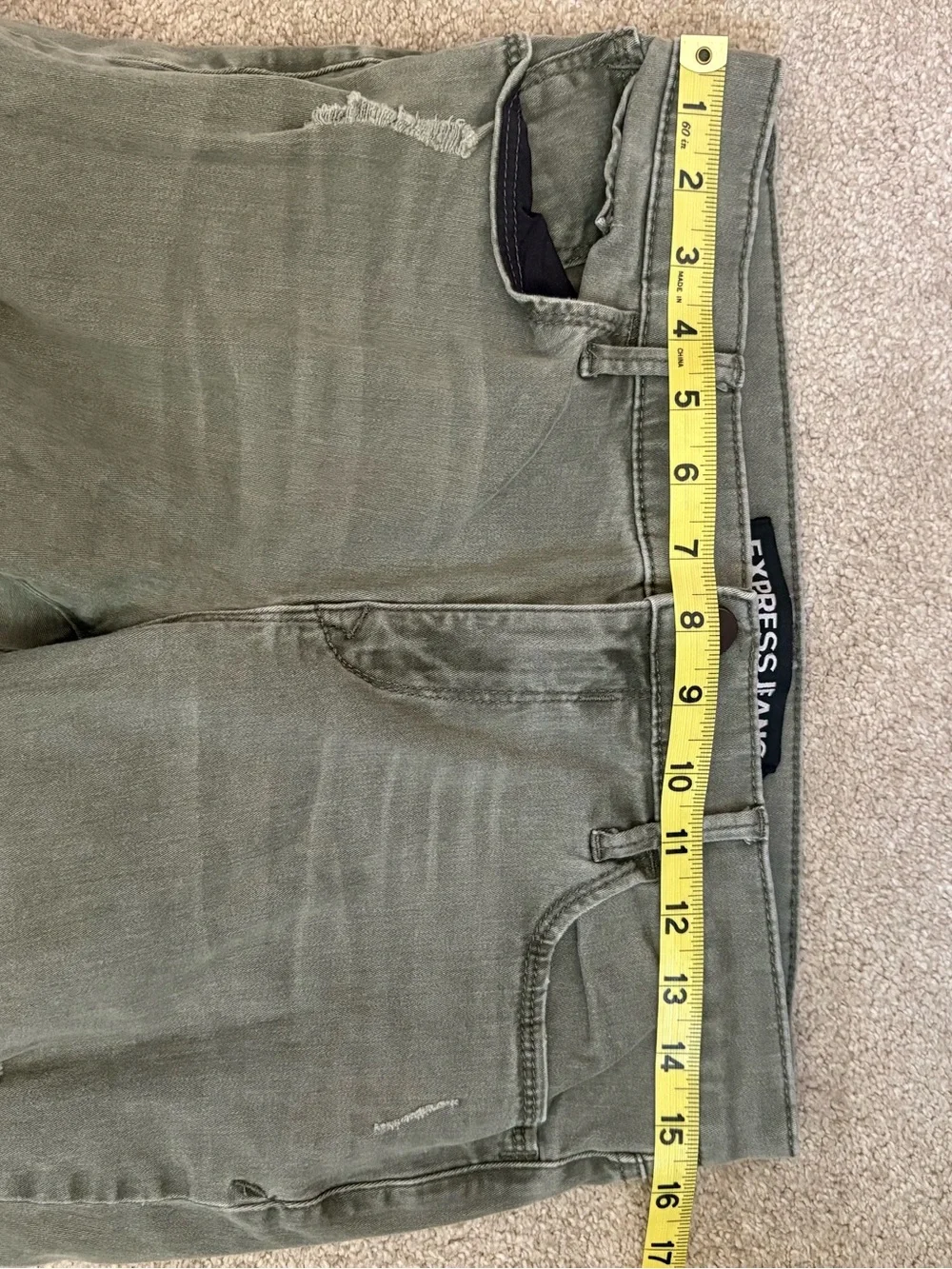 Express Olive Green Ankle Legging Midrise Jeans Cotton Blend And Distressed